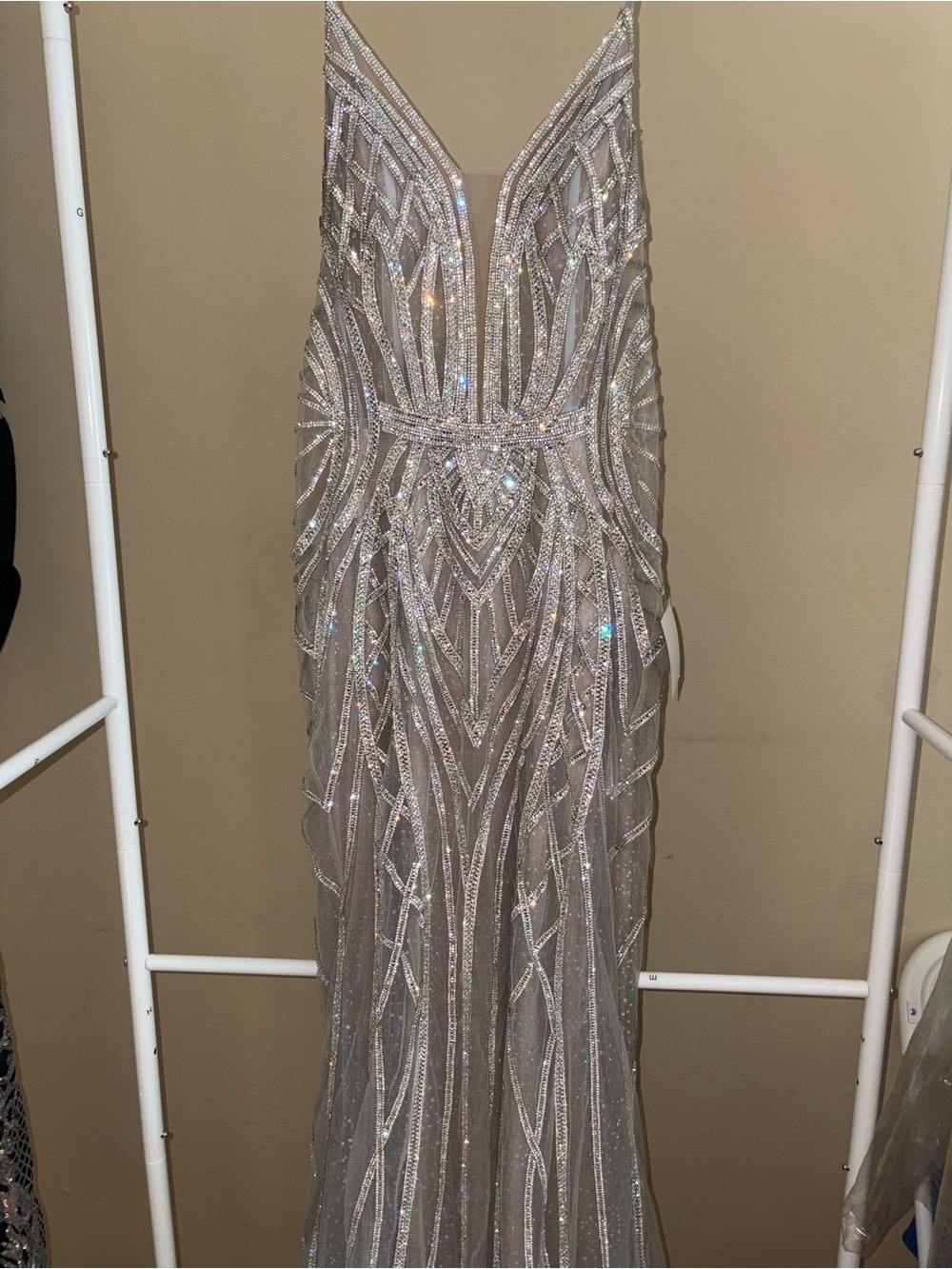 Sparkling Silver Beaded V-Neck Prom Dress